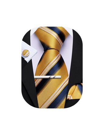 Чоловічий подарунковий набір: краватка в смужку, краватки-кліпса, кишеньковий хустинка, запонки, золото, темно-синій, для весілля, ділових зустрічей, свят