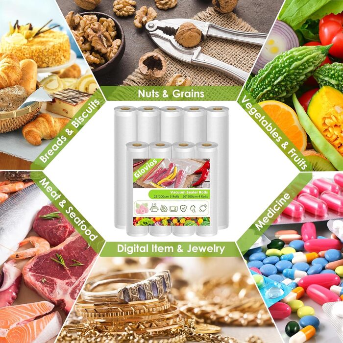 Vacuum Bags, Glovios 9 Rolls Vacuum Sealer Bags, 28/20 x 300cm Vacuum Bags for Food, Vacuum Sealer Film Bags, Vacuum Bags for Vacuum Sealer, Foil Sealing Machine, Cookable and Sous Vide