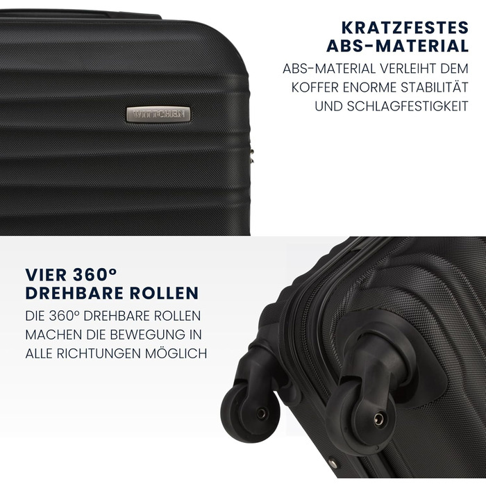 Набір валізWITTCHEN 3в1: велика, середня, маленька. Чорний, ABS, з коліщатками на 360°, TSA-замок. Підходить для Lufthansa, Eurowings, Ryanair, Condor