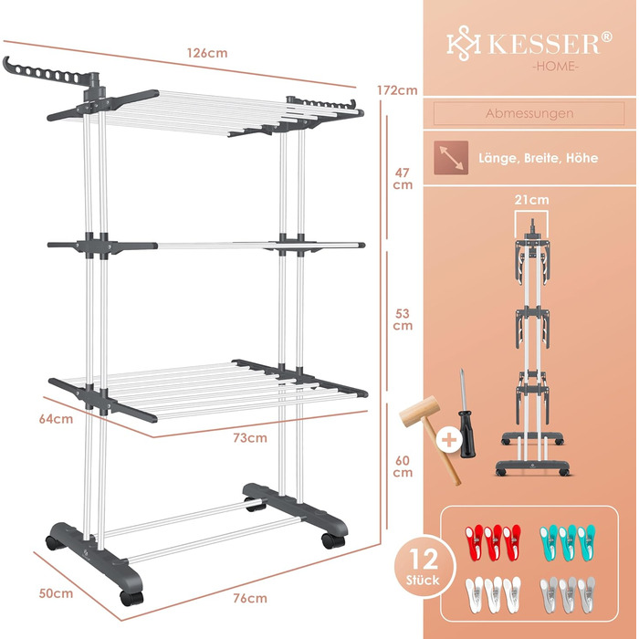 Кюссер® Сушилка для білизни з колесами - Турбо-модель, 4 яруси, 2 обертові крила, 6 склавних секцій, білий/антрацитовий