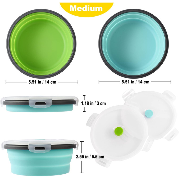 Складані миски для собак з силікону для корму та води, для подорожей, з кришкою, портативні, розширювані, для домашніх тварин, для прогулянок, кемпінгу, 2 шт. блакитний / зелений (Medium, блакитний / зелений)