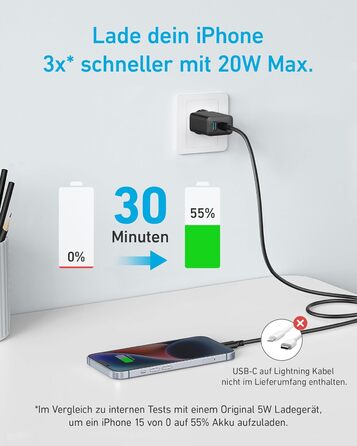 Зарядний пристрій Anker 20W USB-C, адаптер живлення для iPad, швидка зарядка, сумісний з iPhone 17/16/15, кабель USB-C (150см), чорний