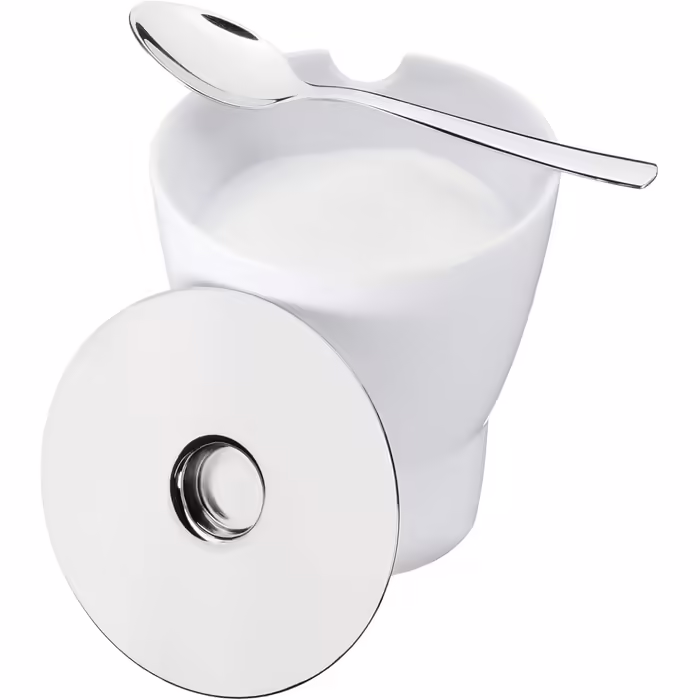WMF Barista Sugar Bowl with Spoon, 130g, Porcelain, Polished Cromargan Stainless Steel, Spoon & Pouring Spout, for Granulated and Cubed Sugar