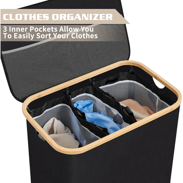 BRIAN & DANY Laundry Basket with 3 Compartments and Lid, Laundry Collector, Laundry Sorting System, Removable, Water-Repellent, Foldable Laundry Box, Narrow Laundry Basket 145L for the Family, Black