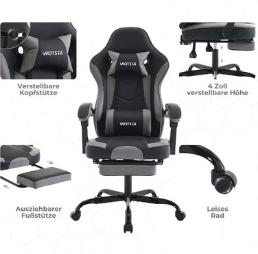 Геймерське крісло Ergon Gaming з підставкою для ніг, ергономічне, для комп'ютера, з підтримкою попереку, темно-сіре/чорне