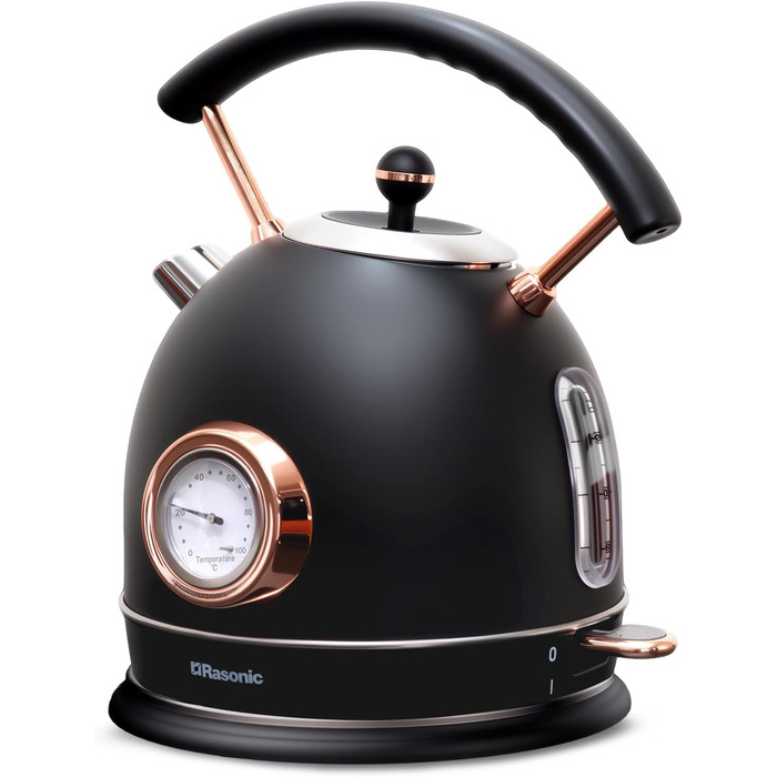 Електричний чайник Tro 1.8 л, нержавіюча сталь, 3 кВт, швидке кип'ятіння, регулятор температури, LED-підсвітка, автовимкнення, для дому, кухні, офісу, розкішного готелю (матова чорна та рожева золота)