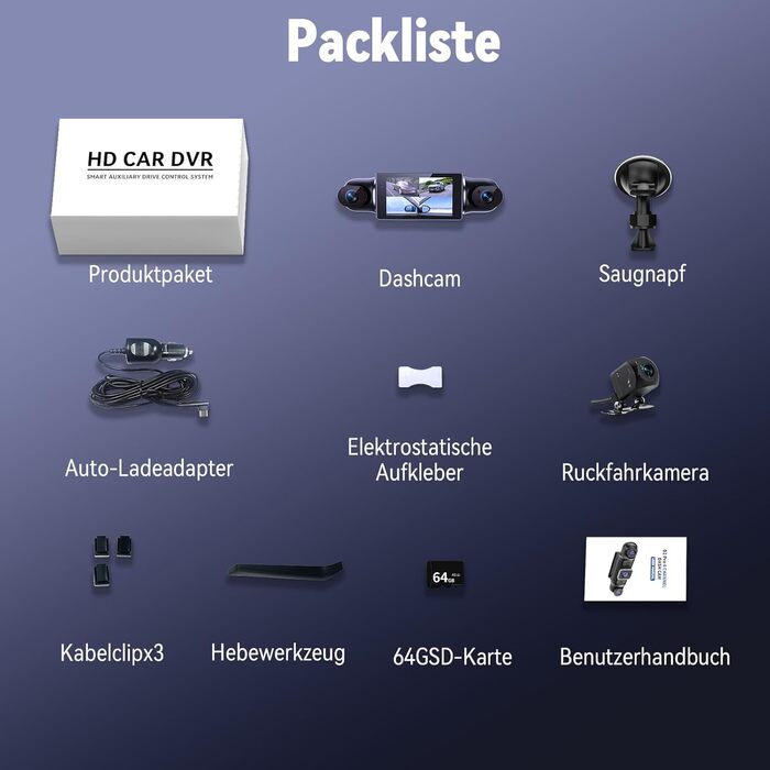 Двоканальна відеореєстратор (Dashcam) 2K+1080P з двома камерами, 64GB, IPS дисплей 3', 4x140° кут огляду, WDR, нічне бачення (8 IR-LED), G-сенсор, циклічна запис, додаток, режим паркування 24/7, чорний