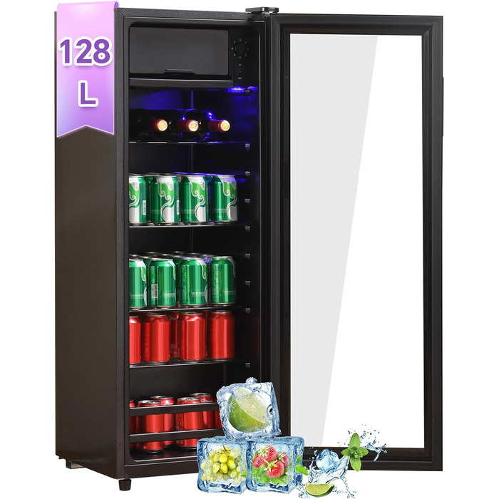Холодильник для напоїв DRIXNO з морозильною камерою, 51 банка, для лімонаду, води, пива, вина, чорний, 128L