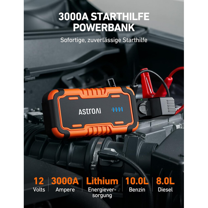 Powerbank AstroAI P10 для авто: пусковий пристрій, 10L бензин/8L дизель, 12V, LED, Orange