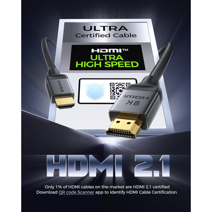 HDMI 2.1 кабель Silkland 2м: 8K@60Hz, 4K@144Hz, eARC, HDR10, Dolby Atmos, 48Gbps, для HDTV, PS5, Switch, PC