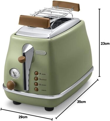 Тостер De'Longhi Icona Vintage CTOV 2103.GR Olive Green – 2 слоти, підставка для булок, 6 рівнів підсмажування, функція підігріву та розморожування, з нержавіючої сталі, ретро-дизайн