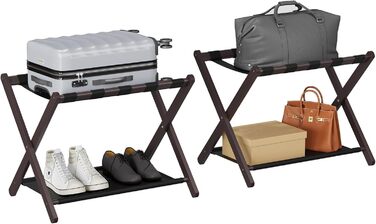 Smuxee Walnut Bamboo Luggage Rack for Guest Rooms, Folding Suitcase Stand with Storage Shelf, Lightweight Assembled Luggage Rack with 5 Nylon Straps for Guest Room Bedroom Hotel (Brown)