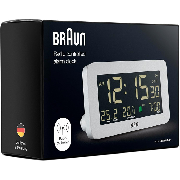 Braun Funk-Digitalwecker for the Central European Time Zone (DCF) with date, month, and temperature display, negative LCD display, and white alarm tone, Model BC10W-DCF.
