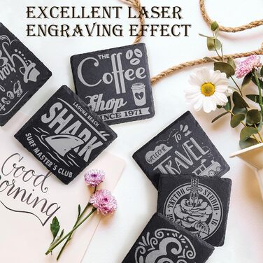 Set of Slate Coasters, GOH DODD 4 Inch Black Stone Coasters Set, Laser Engraved Blank Coasters with Anti-Scratch Bottom for Home, Office, Kitchen, Apartment, Bar, Square (72)