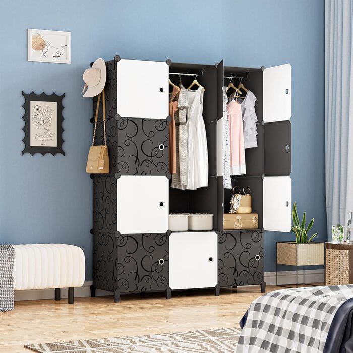 HOMIDEC Closet, Portable Storage System, 20-Cube Plastic Closet with 2 Clothes Rods, Bedroom Closet Wardrobe White for Bedroom, 180 x 142 x 45cm (12 cube, White & Black)