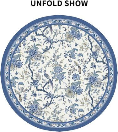 Кругла скатертина Giwawa Chinoiserie 152 см, синьо-біла, з квітами та птахами, порцеляновий орнамент, східний стиль, термостійка, багаторазова, для кухні та їдальні