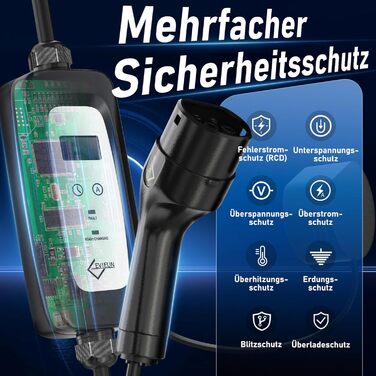 Кабель зарядки для електромобіля Schuko 3.6kW (5м, 16A) з регулюванням струму та дисплеєм | Підходить для ID.3, ID.4, Model 3/Y, ZOE, Q3/Q5 та інших електромобілів (EV/PHEV)