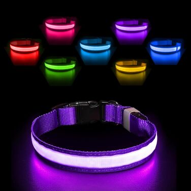 Світлодіодне нашийник для собак Leuchthalsband, вологостійкий, з 7 кольорами, регульований, для малих та великих собак, фіолетовий, 8 режимів, розмір M (38-50 см)