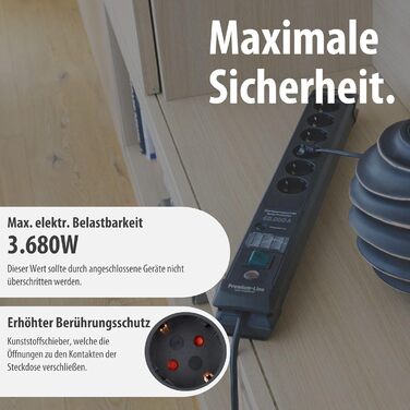 Бренненштуль Преміум-Лінія Мережевий фільтр 6 розеток з захистом від перенапруги до 60000A (з вимикачем та 3м кабелем, для кріплення на стіну, Made in Germany) чорний, розсіювач струму 60000 A