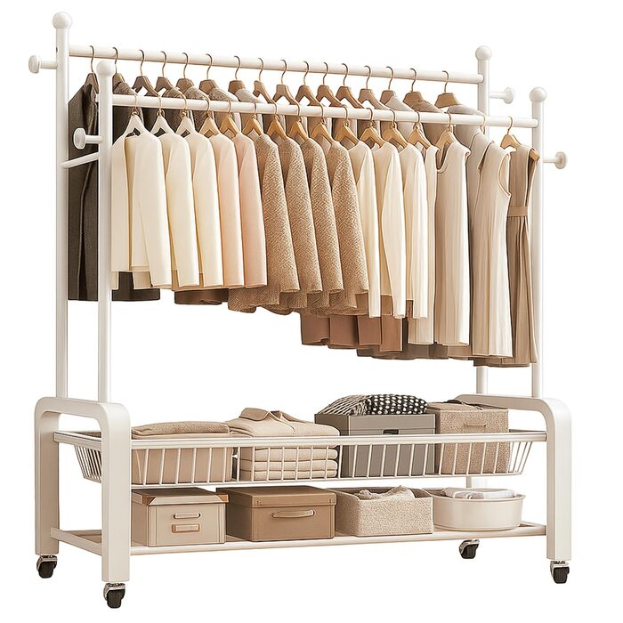 Стійка для одягу на колесах, двоярусна, з двома перекладинами (біла)