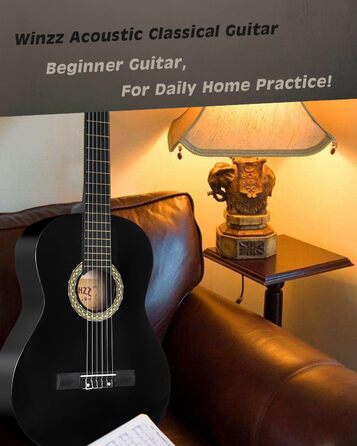 Класична гітара Winzz 4/4 для дорослих та дітей (від 11 років), набір для початківців - Чорний глянцевий (39 дюймів)