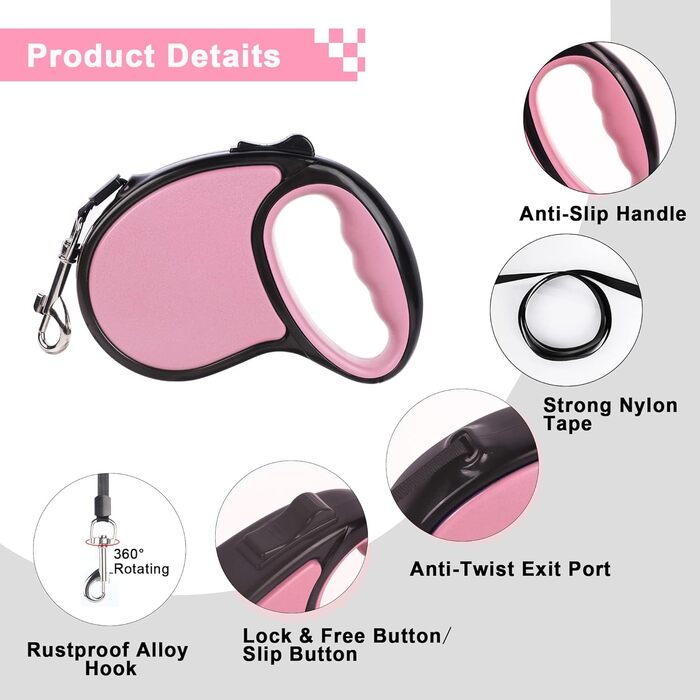 Висувна собача шлейка, 5 м, для собак маленьких та середніх порід до 25 кг, антизаплутування, міцний нейлоновий трос (рожево-білі крапки), рожева