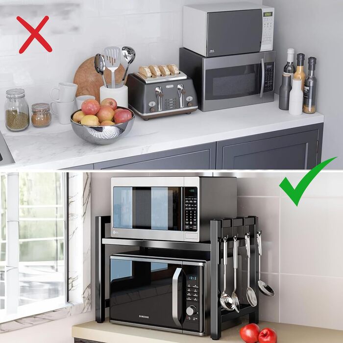 Регульована полиця для мікрохвильової печі та духовки. Організатор для кухні зі сталевими аксесуарами (35–60 см)