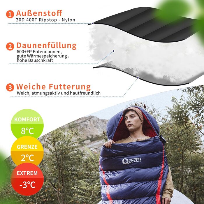 QEZER Ultralight Down Sleeping Bag - 8°C to -3°C for Camping, Hiking & Trekking - 3 Season Sleeping Bag (Blue)
