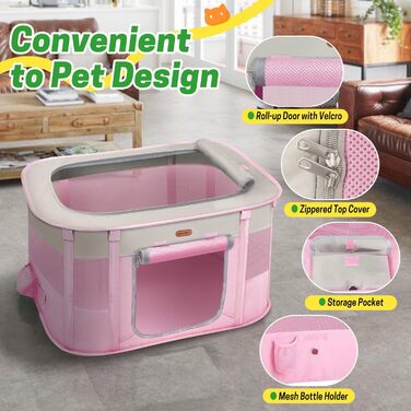 Клітка-манеж для тварин, розкладний загін для кошенят/цуценят, клітка для собак, манеж для цуценят для дому, переноска з сумкою, намет, для відпочинку на природі, кемпінг, рожевий, розмір L