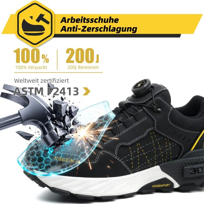 Черевики робочі чоловічі з металевим носком, легкі, дихаючі та міцні, з Clickers та захистом від проколів, неслизька підошва – взуття для професій та будівництва, 44 EU, чорний