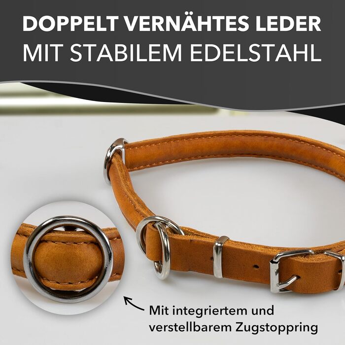 Rund & Weich - Dog Collar with Stop Feature - Size L - 55cm with Adjustable Buckle and Integrated Stable Core, Leather Collar with Pull Limiter, Gentle on Fur Pull Stopper, Cowhide Leather (55 L, Cognac)