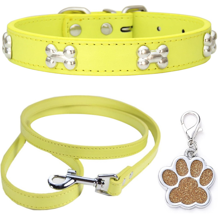 Нашийник для собак з натуральної шкіри та поводок-стрічка: комплект для маленьких та середніх собак і котів, білий (S, жовтий)