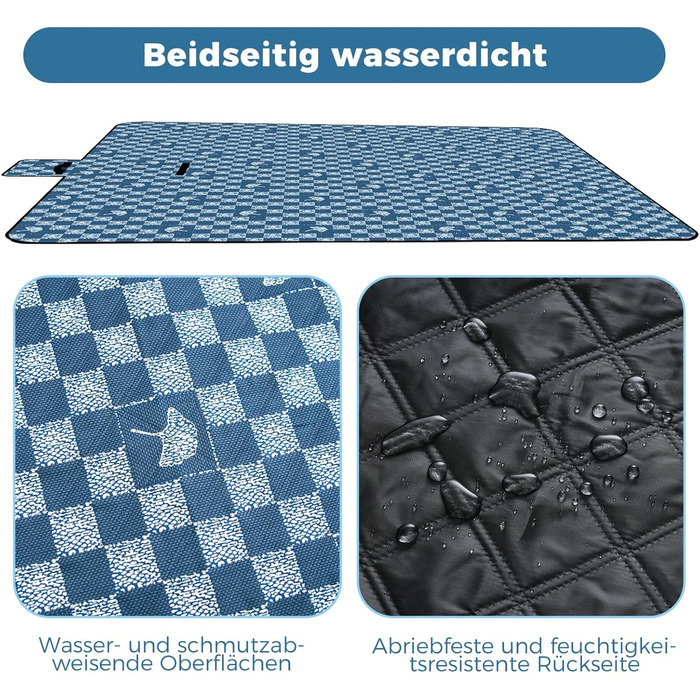 Плед для пікніка Oak & Tea 200x200 см, водонепроникний, ізолюючий, XXL, складний килимок для пляжу та кемпінгу, з міцного Оксфорду (джинсово-синій)