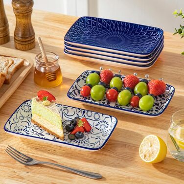 Набір сервірувальних тарілок Vancasso Selene (6 шт.) - великі, прямокутні, порцелянові, для свят, сніданків, фуршетів, сирної тарілки, мікрохвильова піч та посудомийна машина, блакитно-білий колір