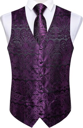 Костюмний жилет чоловічий DiBanGu для весілля з краваткою, нагрудною хустиною та краваткою-метеликом. Сріблястий візерунок пава, 3XL, фіолетовий пава