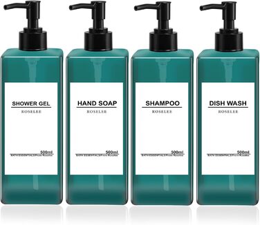 Набір дозаторів для мила Roselee (4 шт.), зелені, 500 мл. Дозатори для душу, шампуню, кухні, ванної кімнати. Матеріал: пластик.