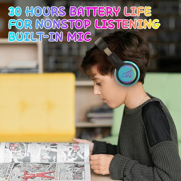 Дротові навушники IFecco для дітей з мікрофоном, Bluetooth, LED-підсвітка, чохол, колір чорний/синій