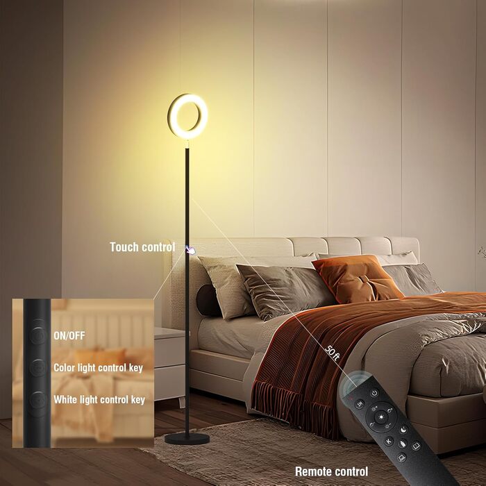 LED торшер, 42W, 16 мільйонів кольорів RGBCW, WiFi, розумний, двосторонній, для вітальні, сумісний з Alexa/Google Home, синхронізація з музикою, плавне регулювання яскравості, торшер для читання в спальню (RGB-RC)