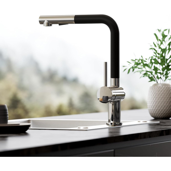 Змішувач для кухні CECIPA X203B чорного кольору з висувною насадкою, поворотний на 360°, з двома типами струменя, з нержавіючої сталі