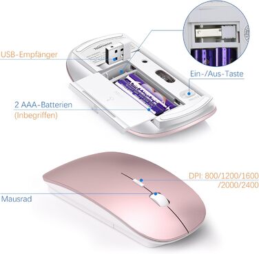 Комплект клавіатури та миші TopMate 2.4G Ultra Slim: тиха клавіатура з перемикачами Schissschalter та миша 2400DPI USB, з чохлом та батарейками AA/AAA, для ПК/ноутбука/Windows/Mac (Рожеве золото, Білий)