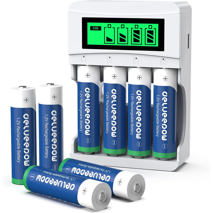 Зарядний пристрій для акумуляторів AA з LCD-дисплеєм, 8 шт. акумуляторів 3300mAh, NiMH 1.2V, 4 слоти для заряджання