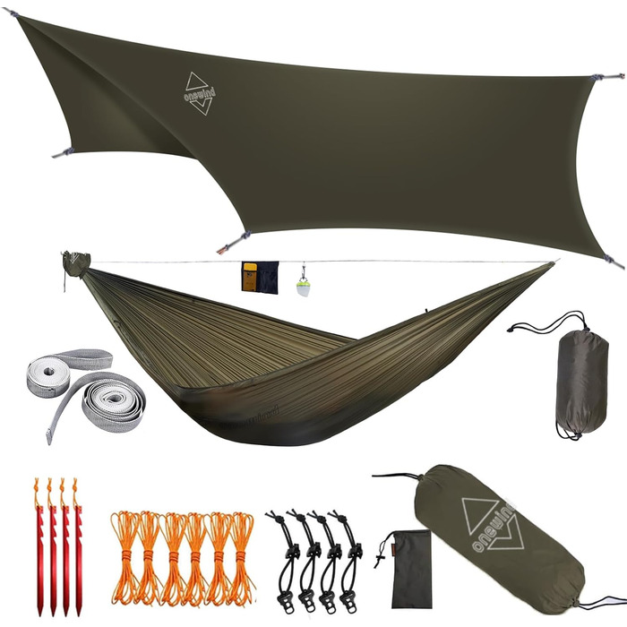 onewind Lightweight Camping Hammock for Backpackers, Portable, Compact, Ideal for Hiking, Camping, and Travel (Od Green-11' With 12' Hexagon Tarp, 11' with 12' Tarp)
