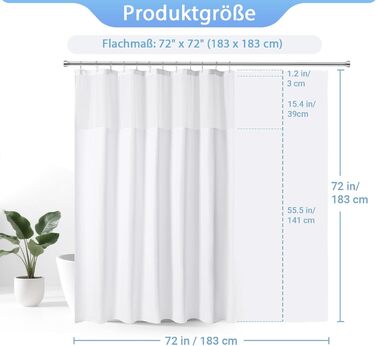 Водонепроникна штора для душу з льоном та вікном (183x183 см), біла - 12 гачків з нержавіючої сталі, утяжелений край, тканинна штора для ванни, машинне прання