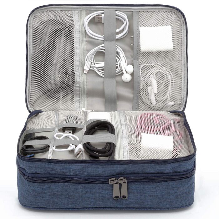 Водонепроникна сумка-органайзер для кабелів та електроніки Ruyosn. Двошарова сумка для кабелів, power bank, жорсткого диска. Синій колір, один розмір.