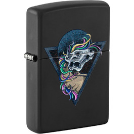Запальничка Zippo з черепом коня, чорний матовий корпус, ефект Black Light, заправна, вітростійка, подарункова коробка, США