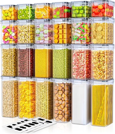 Набір контейнерів для зберігання продуктів 24 шт. – герметичні бокси з кришкою, органайзер для кухні для борошна, цукру, мюслі та ін., з етикетками та маркером, для кухні та холодильника (42л)