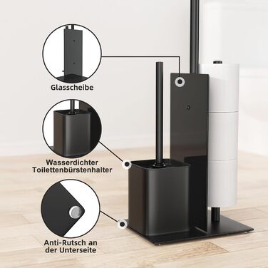 Stainless Steel Toilet Paper Holder with Brush - Standing Toilet Paper Roll Holder & WC Brush Set with Glass Shelf (Matte Black)