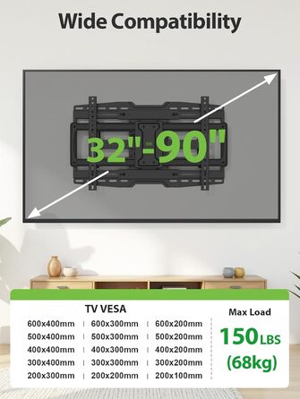 Настінний кріплення для телевізора USX-MOUNT з регулюванням нахилу та повороту, для телевізорів 32-90 дюймів, сумісний з VESA 600x400mm, вантажопідйомність до 68.2 кг
