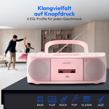 MEDION DRX-1 Plus Boombox: Портативна радіосистема з DAB+, Bluetooth, CD-плеєром, MP3, касетним провідником, AUX, акумулятором та мережевим живленням, зелений/рожевий колір