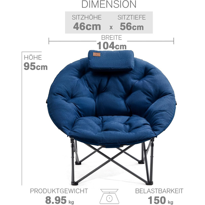 Крісло-місяць EVER ADVANCED Luxus XXL для кемпінгу, складне, до 150 кг, блакитне. З подушкою, для саду, балкону, приміщення.